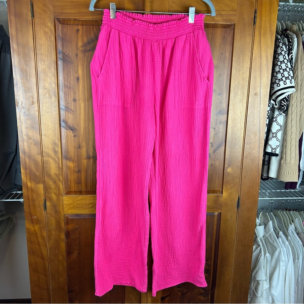 LOVESTITCH Women's SZ M Vibrant Pink Wide-Leg High Rise Pants Vacation Coastal